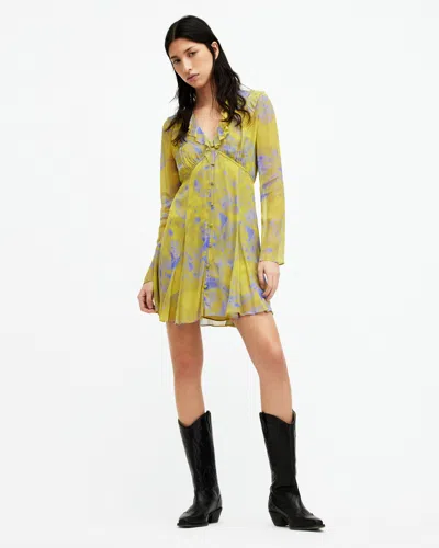 Allsaints Lini Inspiral V-neck Frill Mini Dress In Zest Lime Green