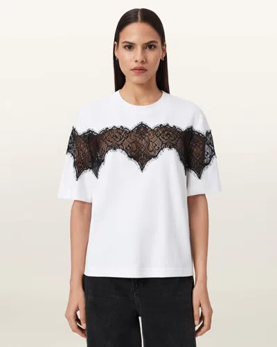 Allsaints Womens Optic White Lisa Lace-embroidered Cotton T-shirt
