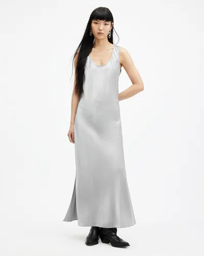 Allsaints Lisa Scoop Neck Maxi Slip Dress In Dark Silver