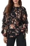 Allsaints Womens Armada Black Lissie Floral Print Ruffled Woven Top In Black