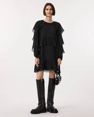Allsaints Lizzie Long Sleeve Frill Dress, In Black