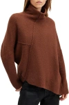 Allsaints Lock Roll Neck Asymmetric Sweater In Copper Brown