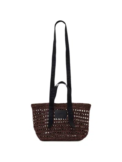 Allsaints Logo-strap Crochet Woven Mini Tote Bag In Brown