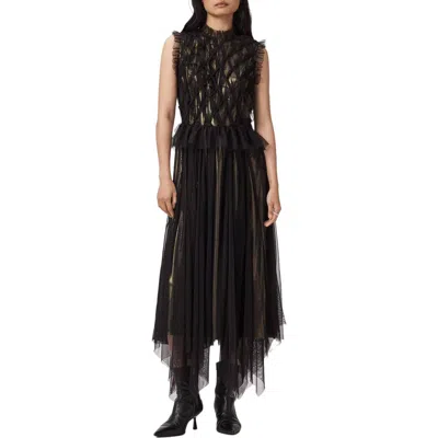 Allsaints Lola Metallic Tulle Asymmetric Midi Dress In Black