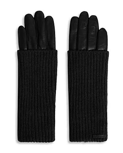 Allsaints Long Knit Cuff Leather Gloves In Black