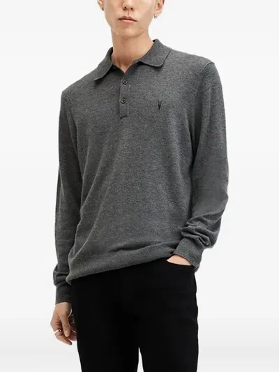 Allsaints Long-sleeve Polo Shirt In Gray