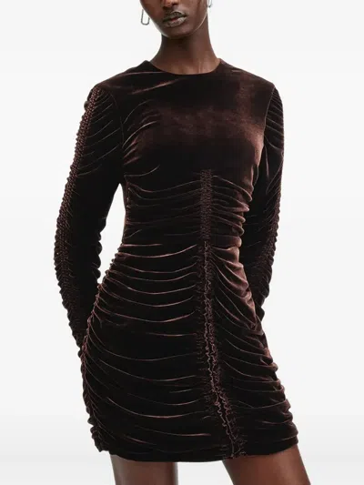 Allsaints Long-sleeved Ruched Dress In Brown