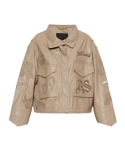 Allsaints Long-sleeved Leather Jacket In Brown