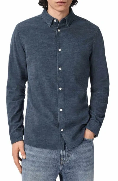 Allsaints Mens Lorella Spread-collar Organic Cotton-blend Shirt Moonstone Blue