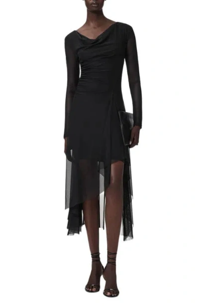 Allsaints Loria Asymmetric Mesh-panelled Asymmetric Dress In Black