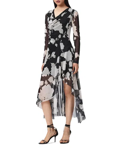 Allsaints Polyester Loria Draped Mesh Midi Dress In Black