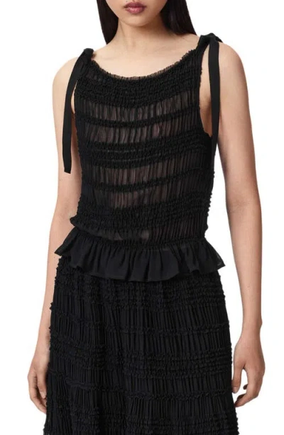 Allsaints Lotus Sheer Shirred Tie Shoulder Peplum Top In Black