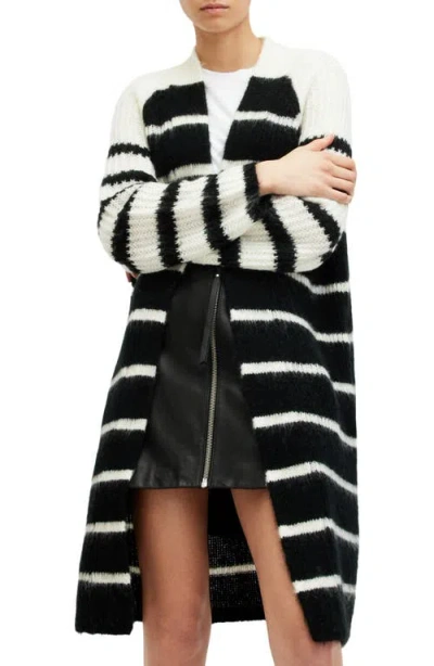 Allsaints Lou Long Open Front Cardigan In Black/ White