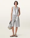 Allsaints Louie Metallic Long Denim Shorts In Metallic Silver