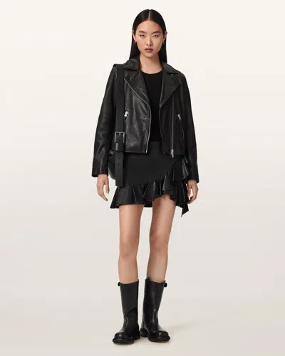 Allsaints Luana Asymmetric Leather Mini Skirt In Black