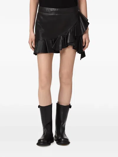 Allsaints Luana Ruffled Leather Skirt In Black