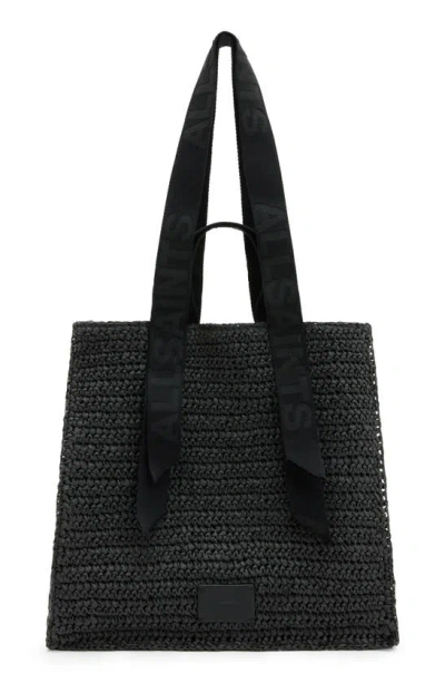 Allsaints Womens Black Lulla Logo-embossed Straw Tote In Black