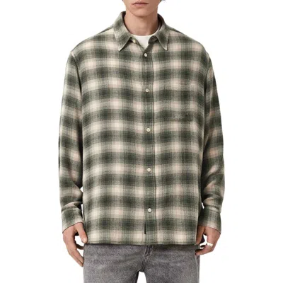 Allsaints Mens Pale Olive Gre Lumley Checked Woven Shirt Xl In Black