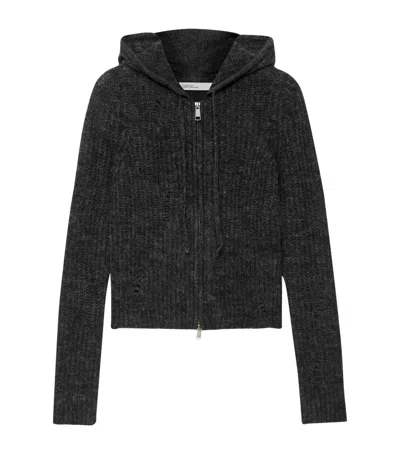 Allsaints Womens Mabel Distressed Knit Woven Hoody Charcoal Grey In Black
