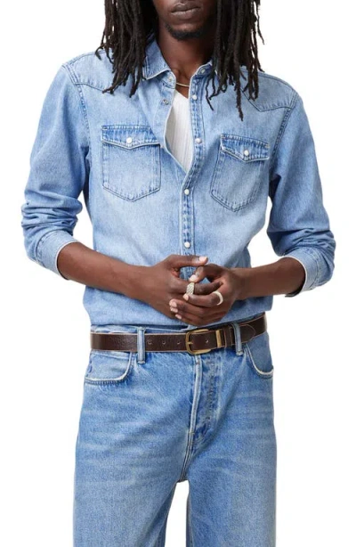 Allsaints Macgowan Cotton Denim Snap-up Western Shirt In Light Indigo Blue