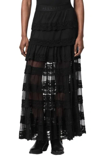 Allsaints Maggie Tiered Lace Maxi Skirt In Black