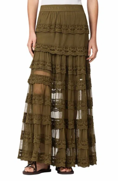 Allsaints Womens Maggie Logo-waist Tiered Woven Maxi Skirt Olive Khaki Gr In Green