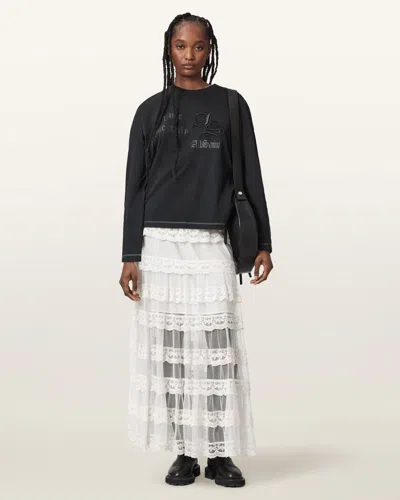 Allsaints Maggie Tiered Lace Maxi Skirt In White