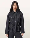 Allsaints Womens Raw Indigo Blu Denby Peplum-hem Denim Jacket In Animal Print