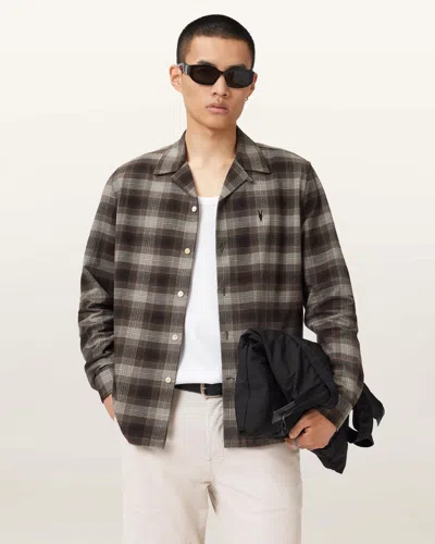Allsaints Mens Mole Brown Iniko Logo-embroidered Checked Cotton Shirt Xs