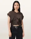 Allsaints Mira Cropped Satin Drawcord T-shirt In Burgundy