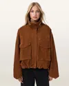 Allsaints Womens Clay Funnel-neck Relaxed-fit Suede Jacket Cognac Brown In Brown