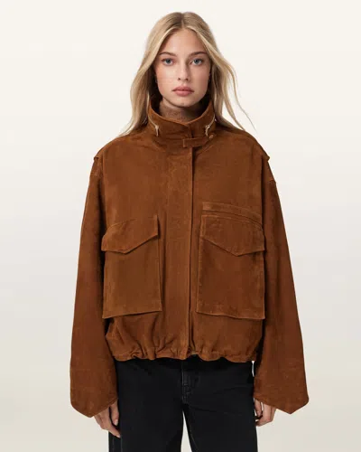 Allsaints Main: 100% Goat Leather Clay Funnel Neck Suede Cropped Jacket In Brown