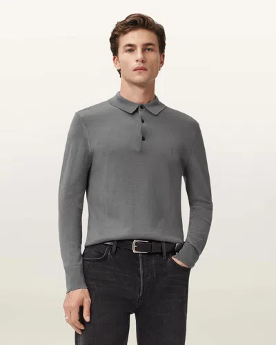 Allsaints Mode Merino Long Sleeve Polo Shirt In Gray