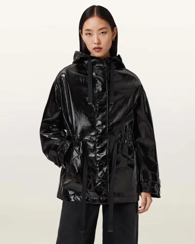 Allsaints Main: 100% Polyester Kelsie Shine Hooded Jacket In Black
