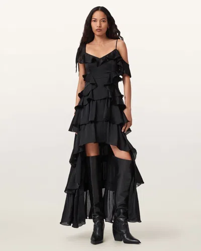 Allsaints Main: 100% Polyester Sienna Ruffle Maxi Dress In Black