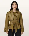 Allsaints Reed Cropped Leather Trench In Green