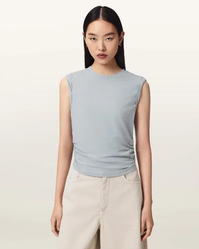 Allsaints Womens High Rise Blue West Ruched Stretch Cotton-blend Top In Gray