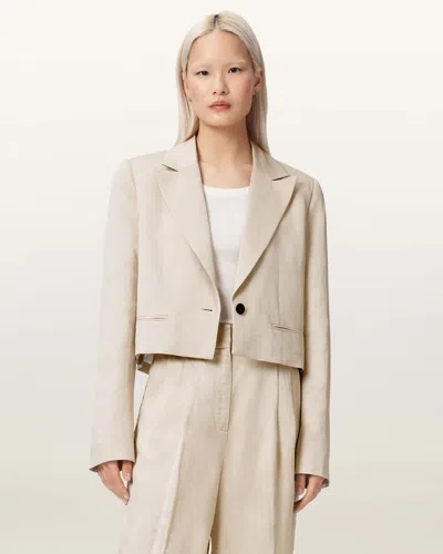 Allsaints Womens Stone Helena Single-breasted Cropped Linen-blend Blazer In Multi