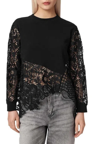 Allsaints Womens Black Malorie Panelled Cotton And Lace Top Xs