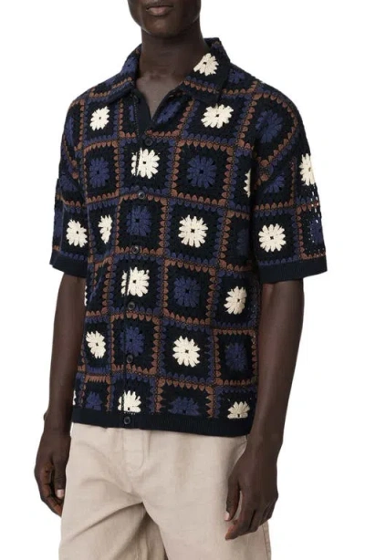 Allsaints Mens Mandon Flower-embroidered Short-sleeve Cotton Cardigan Moonstone Blue Xl In Multi