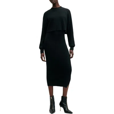 Allsaints Margot Rib Wool Blend Crop Sweater & Midi Sweater Dress Set In Black