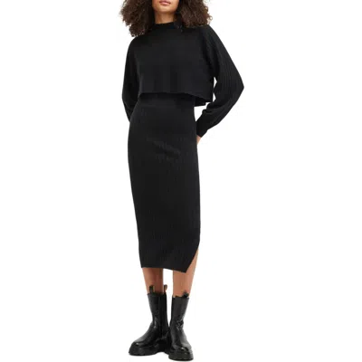 Allsaints Margot Two-piece Rib Crop Sweater & Midi Sweater Dress In Doe Brown