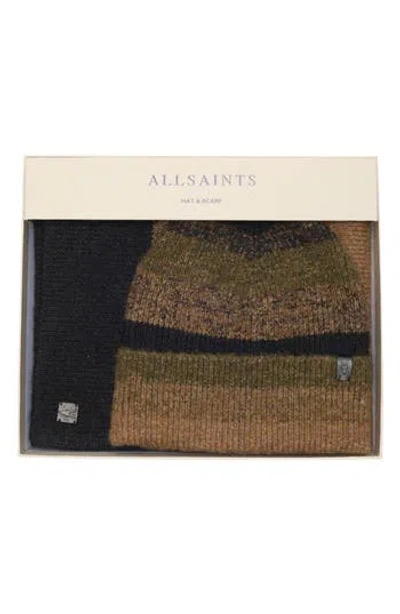 Allsaints Marl Stripe Scarf & Hat Set In Brown