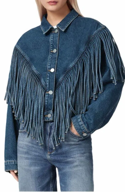 Allsaints Womens Dark Indigo Marlene Fringed Denim Jacket In Blue