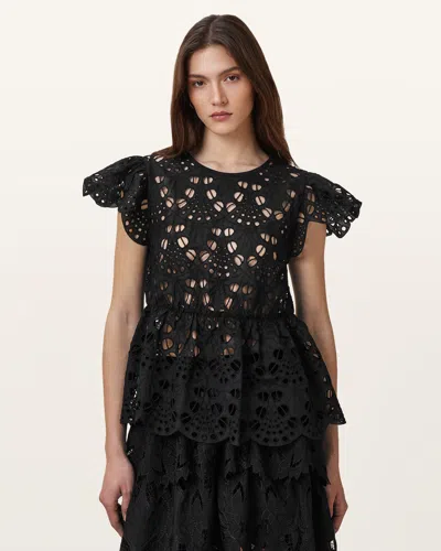 Allsaints Meadow Embroidered Short Sleeve Top In Black