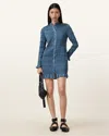 Allsaints Meg Shirred Bodycon Mini Shirt Dress In Blue