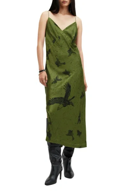 Allsaints Melody Bird Print Midi Slipdress In Green