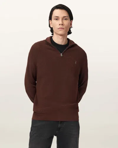 Allsaints Zip Funnel Neck Sweater In Brown