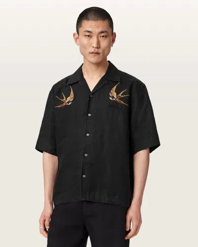 Allsaints Avia Bird Embroidered Linen Camp Shirt In Black
