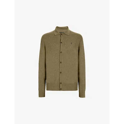 Allsaints Mens Avo Green Kilburn Ramskull-embroidered Wool And Recycled Polyamide-blend Cardigan